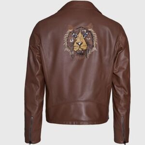 Phineas Cole Leather Embroidered Motorcycle Jacket Size S, Color Tobacco